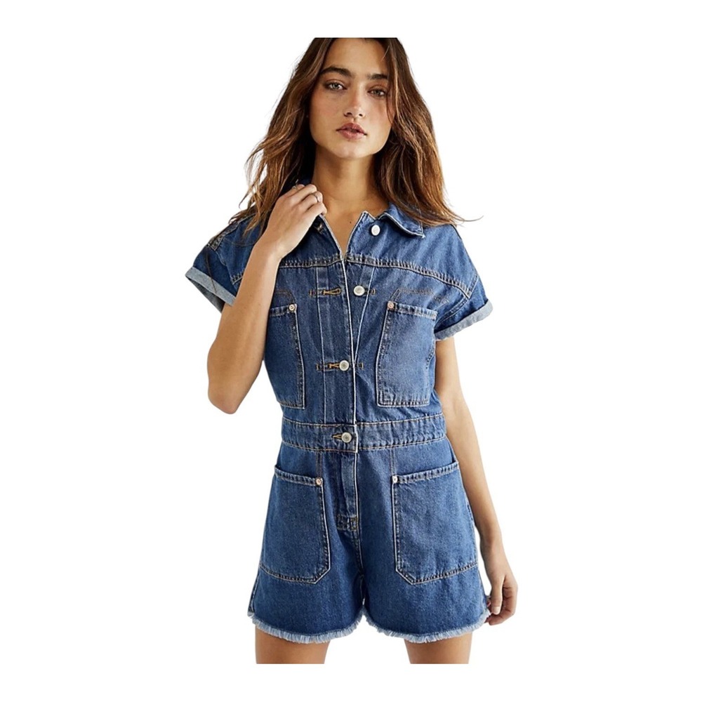 We‎ The Free People Work Hard Play Harder Shortalls Romper Women's Small Denim